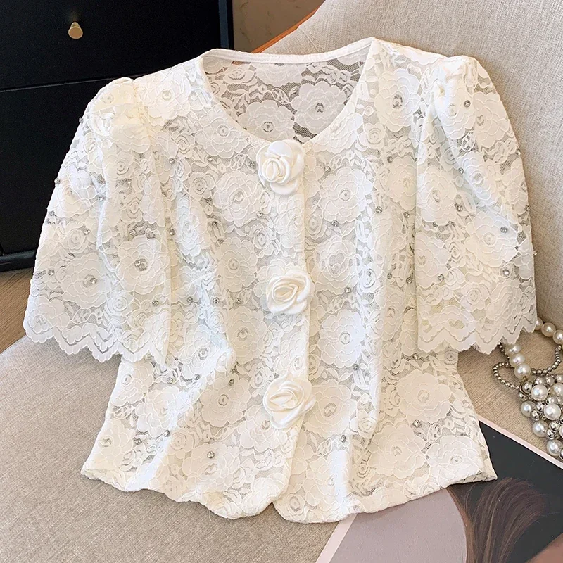 French Hollow Out Hook Flower Lace Shirt Women New Summer Korean Fashion O-Neck Diamonds 3D Floral Short Sleeve Blouse Chic Tops