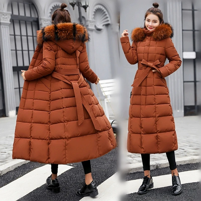 

Korean Loose Belt Slim Jacket Down Cotton Coat Women Outwear Women Winter Long Cotton Coat 2025 New Women Big Fur Collar Parkas