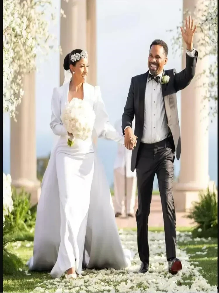 Customized  Deep V Neck Mermaid Wedding Dress Detachable Train Vestido Festa Luxo Plus Size Long Lantern Sleeves Bridal Gowns