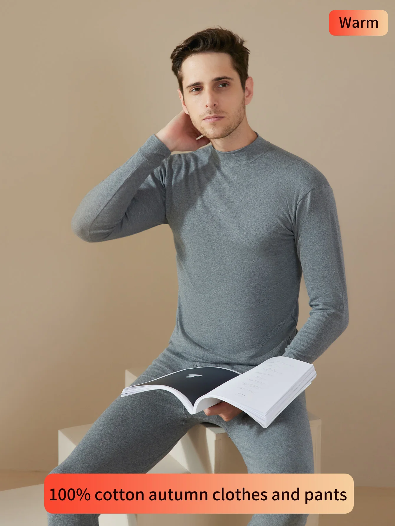 

100% cotton men's mid neck autumn clothes and pants set, pure cotton thermal underwear set, solid color home set