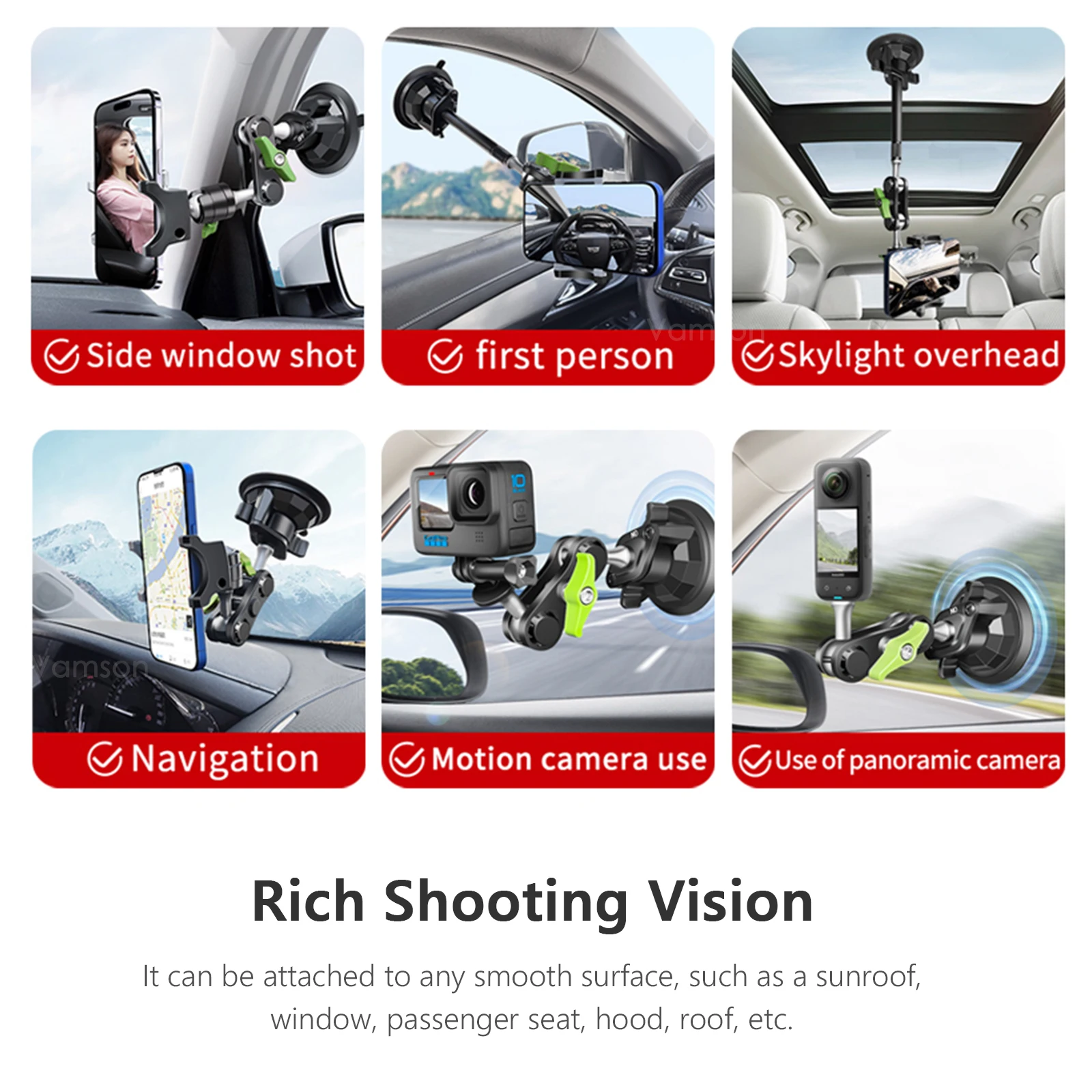 Vamson 360 Rotating Sucker Car Phone Holder for iPhone 14 13 12 for Insta360 X3 One X2 Camera Universal Suction Cup Accessories