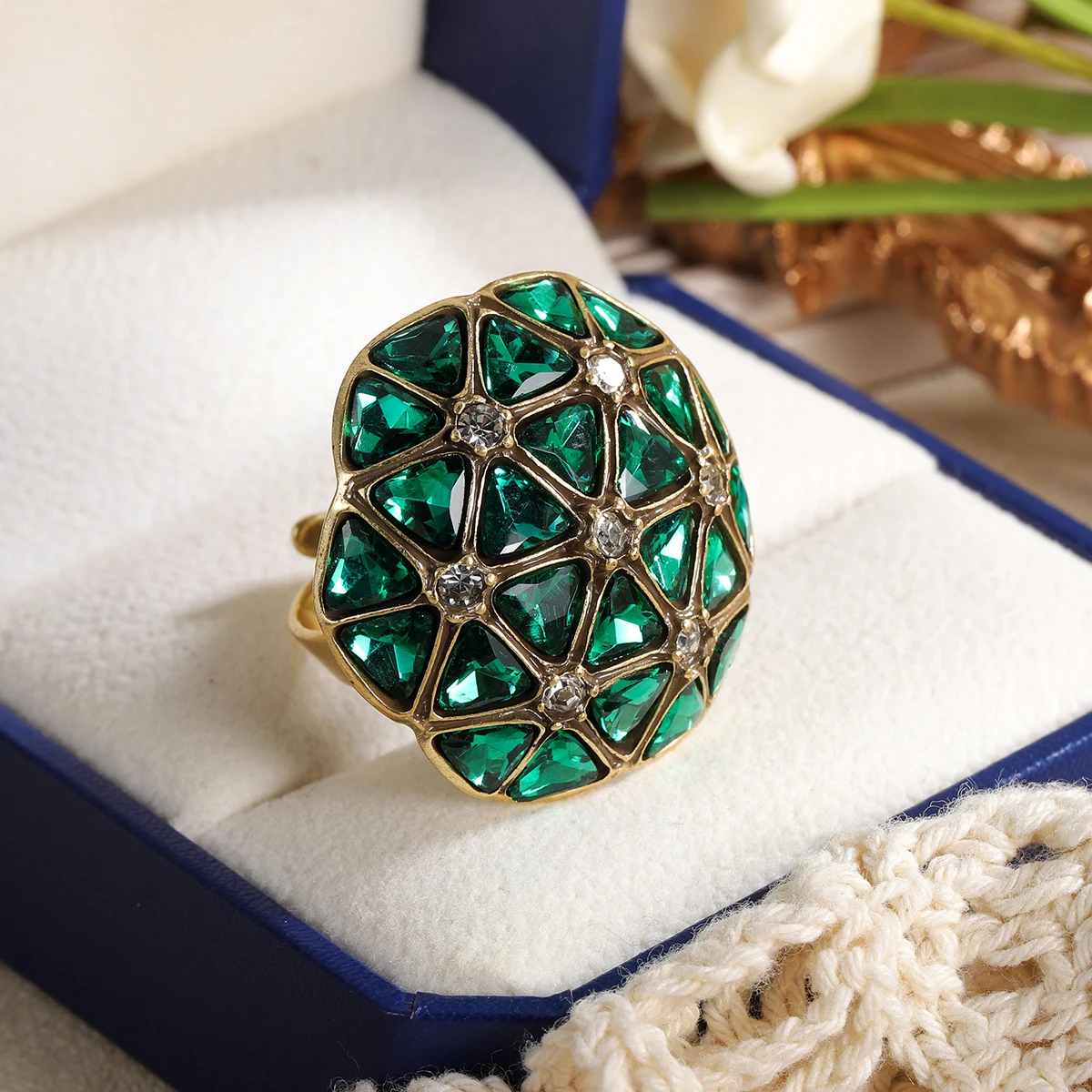 Vintage Gold Plated Statement Ring with Green/Brown Triangular Stone& Crystal Waterproof Hypoallergenic Jewelry