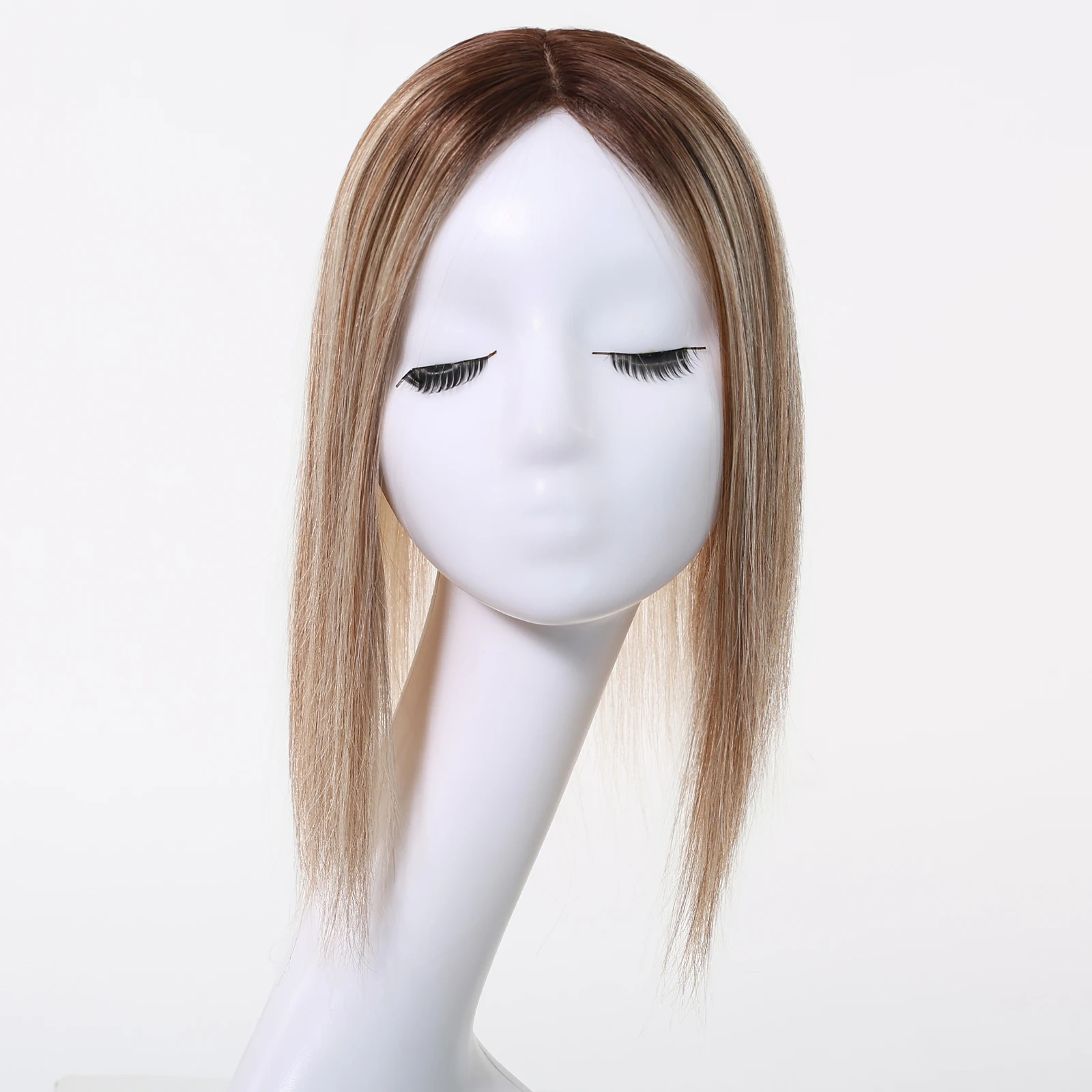 Topper Rambut Manusia Remy 100% 12 Inch, Warna Coklat Tua dengan Highlight Pirang Muda, 3 Jepitan, Solusi Rambut Rontok Wanita, Ekstensi Rambut Asli