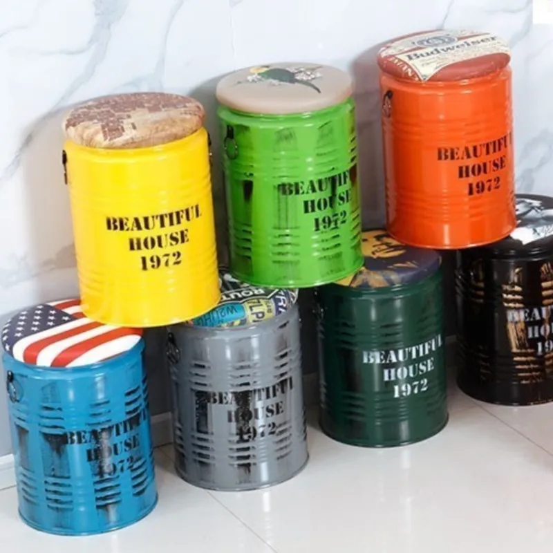 OMGD Paint Bucket Industrial Style Stool Creative Storage Iron Barrel Stool Storage Stool Vintage Iron Round Barrel Stool image 2