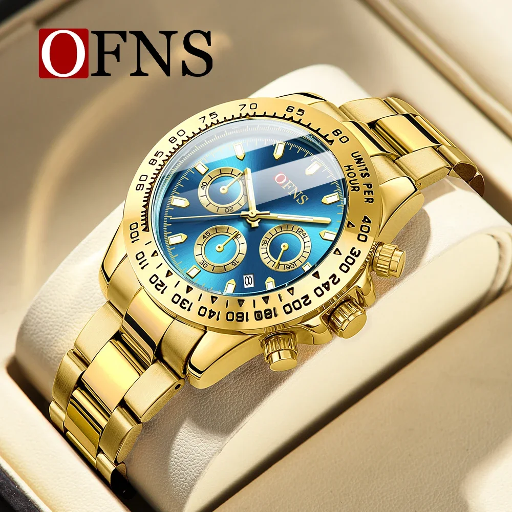 OFNS-Relógio de quartzo masculino com pulseira de aço, calendário fashion, três olhos, seis agulhas, mostrador grande, relógios impermeáveis, 2024, 1525