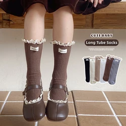 1 Pairs Korean Retro Baby Girls Knee High Socks Cute Sweet Lace Ruffle Solid Color Soft Cotton Princess kids Autumn Long Socks