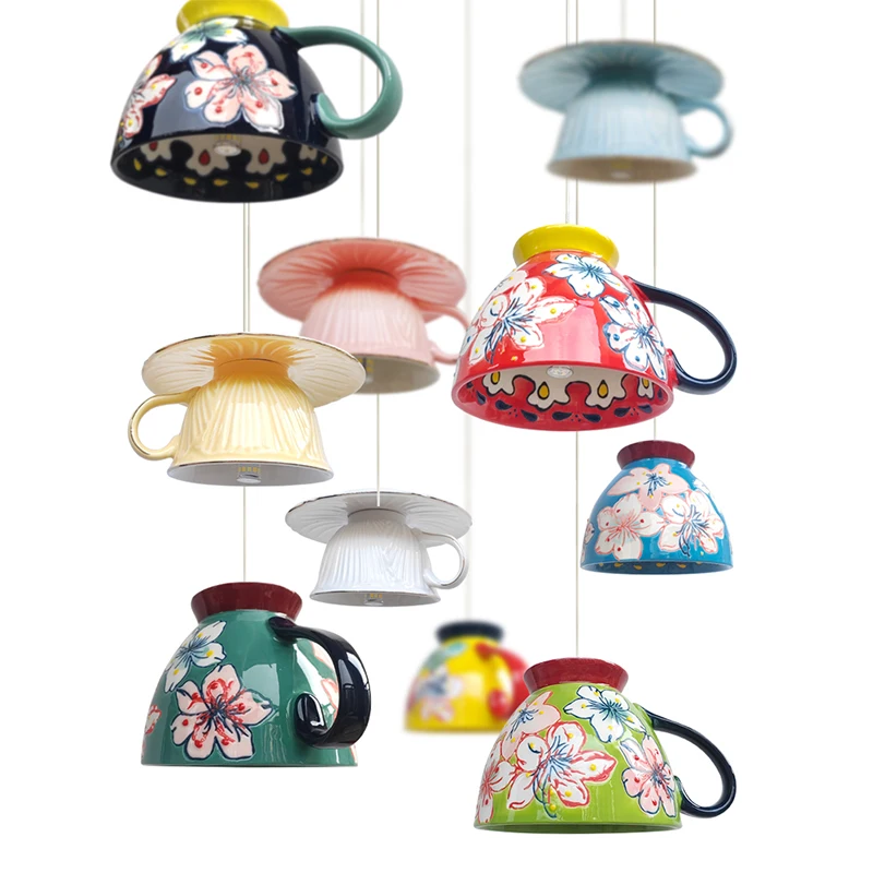 Art Design Colorful Tea Cup Pendant Lamps for Dining Table Living Room Restaurant Lighting LED G4 Ceramic Ceiling Hanging Lamp