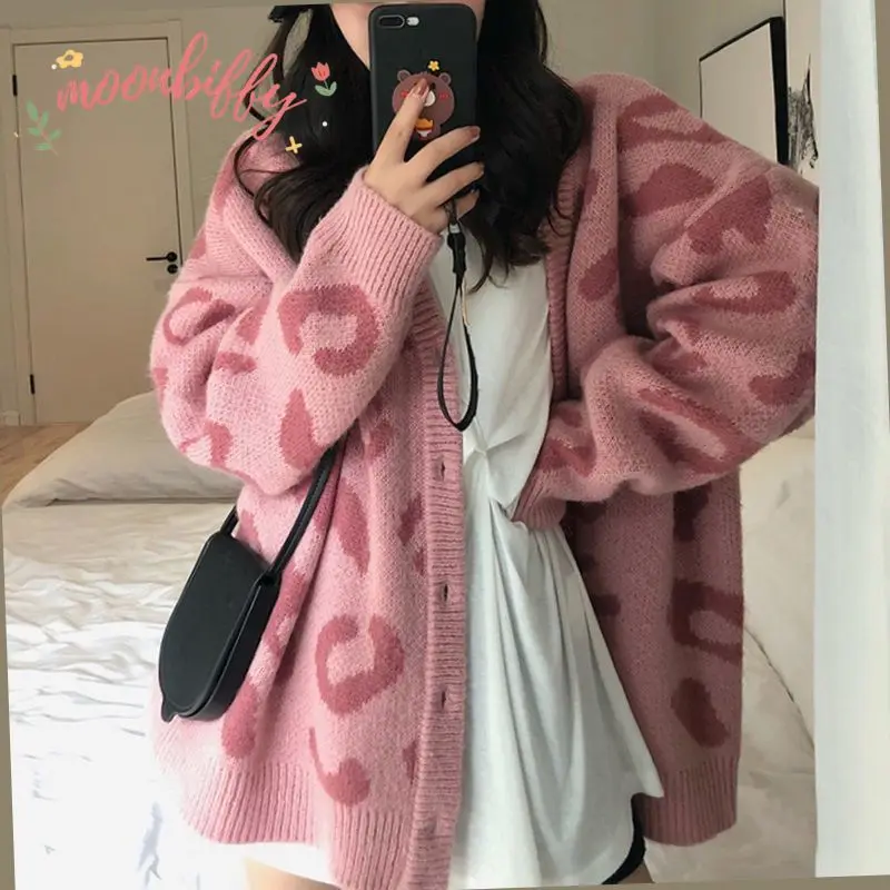 Fashion Autumn Winter Knitted Leopard Sweaters Women Korean V Neck Thick Print Cardigan Coat Loose Button Outwear