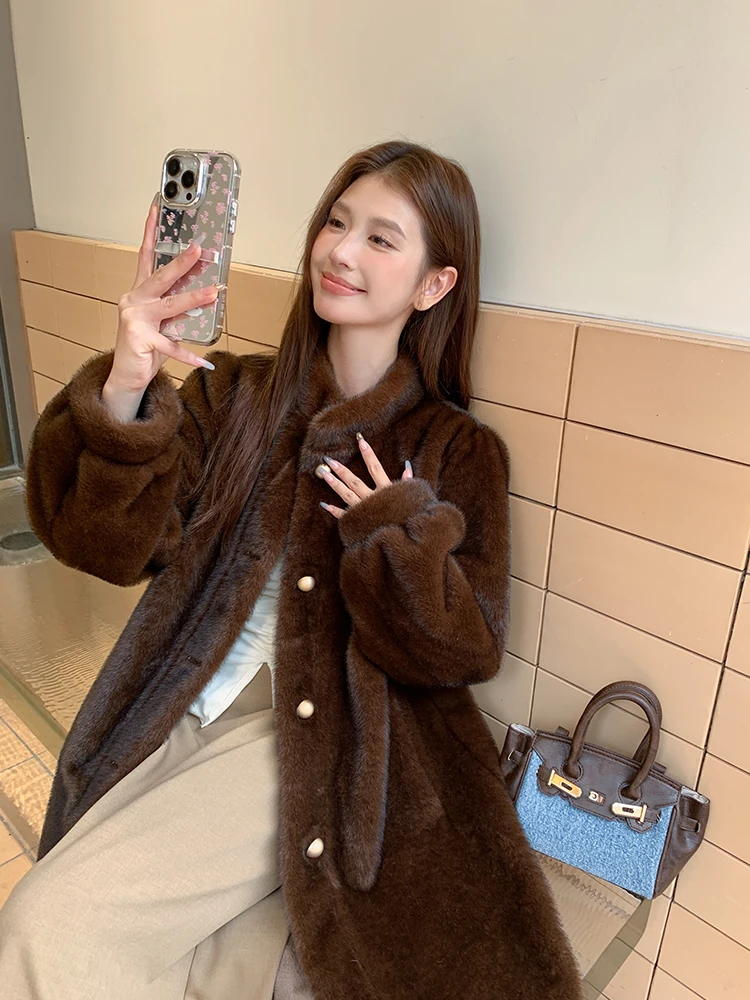 High-End Fashion Mink Fur Integrated Long Stand Collar Coat 2023 Winter Clothes New Luxury Loose Long Sleeve Warm Elegant Jacket