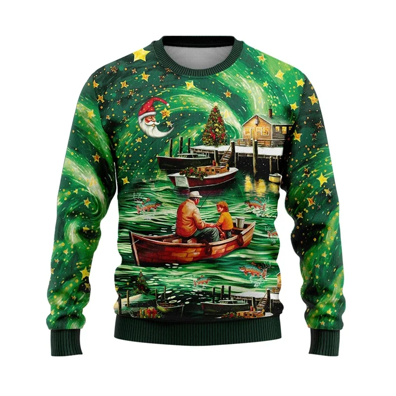 Fashion Boat Fishing Ugly Christmas Sweater For Men Trend Autumn Winter Holiday Xmas 3D Printed Pullover Casual Loose Sweatshirt