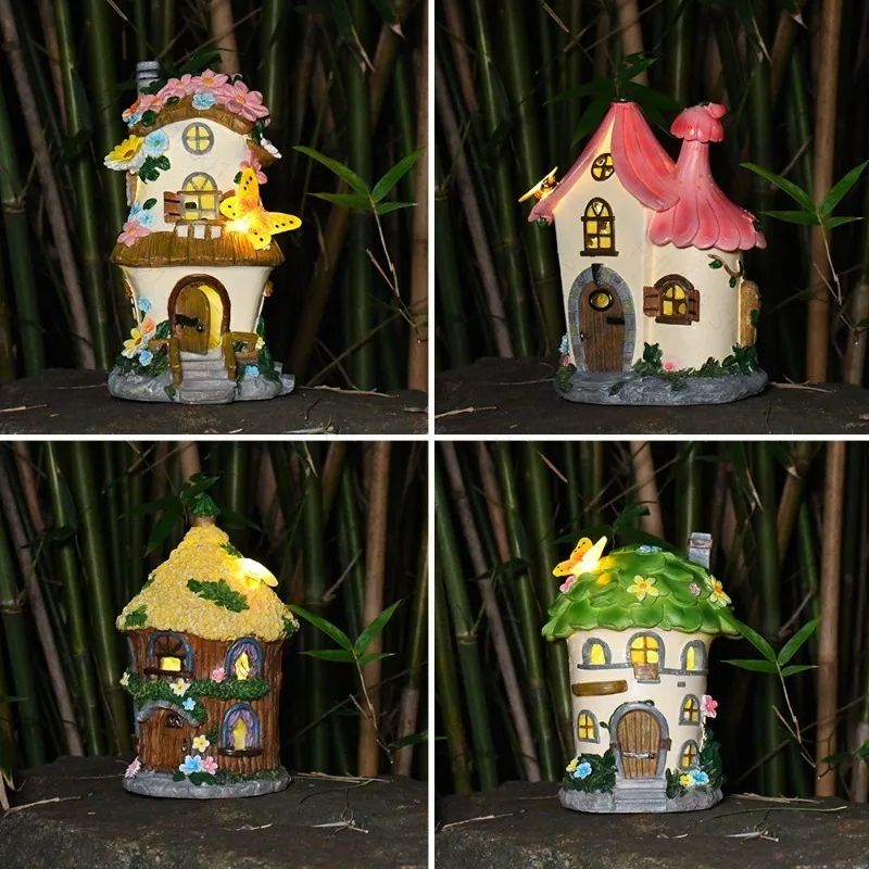 Solar Luminous Resin Hut Handicraft Ornament Outdoor Waterproof Fairy Tale Atmosphere Creative Garden Night Light