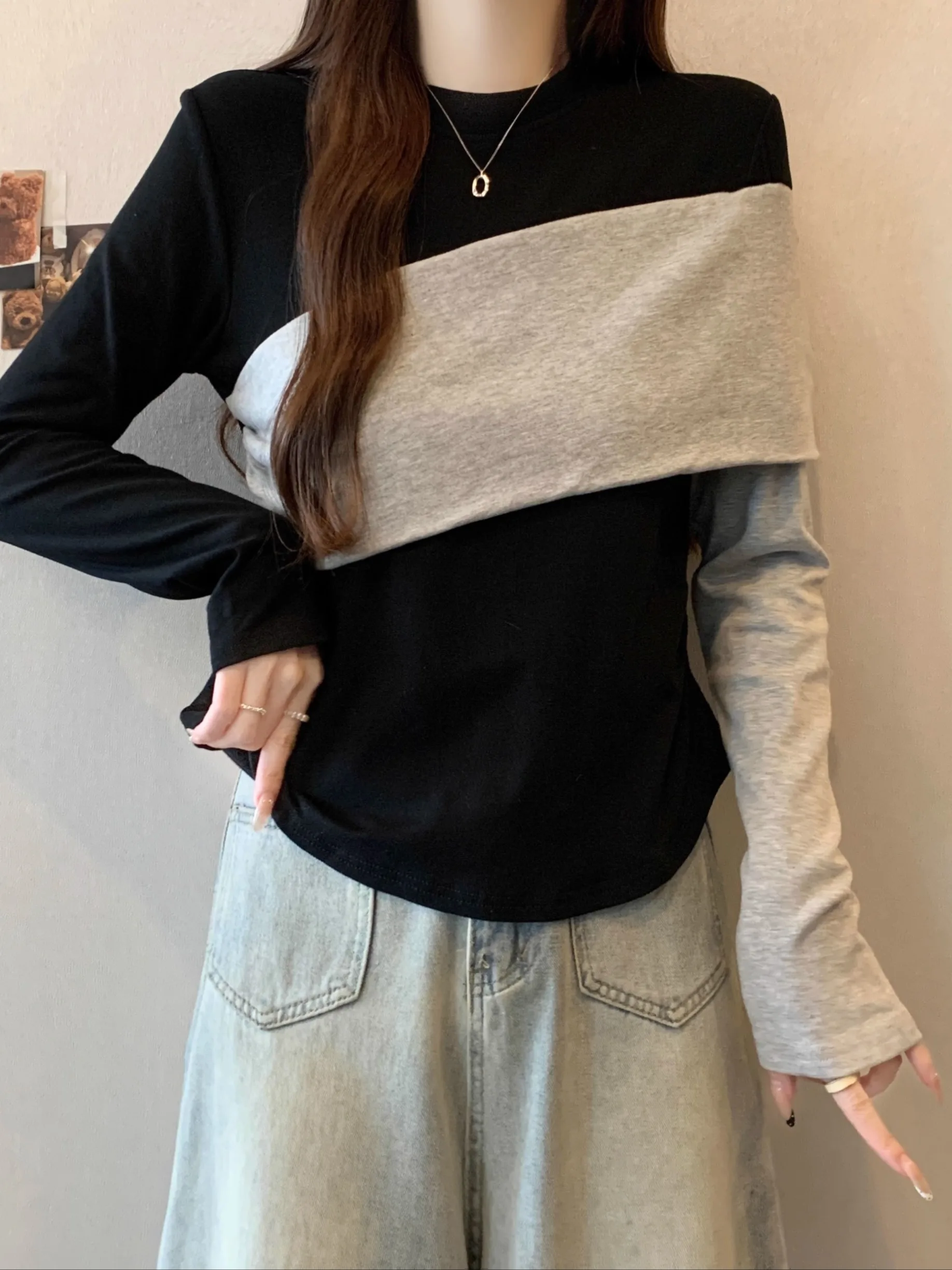 Women's Long Sleeve T-Shirt Shoulder Width Regular Waist Cinched Bottoming Shirt Korean Style Commute Fashion plus Size