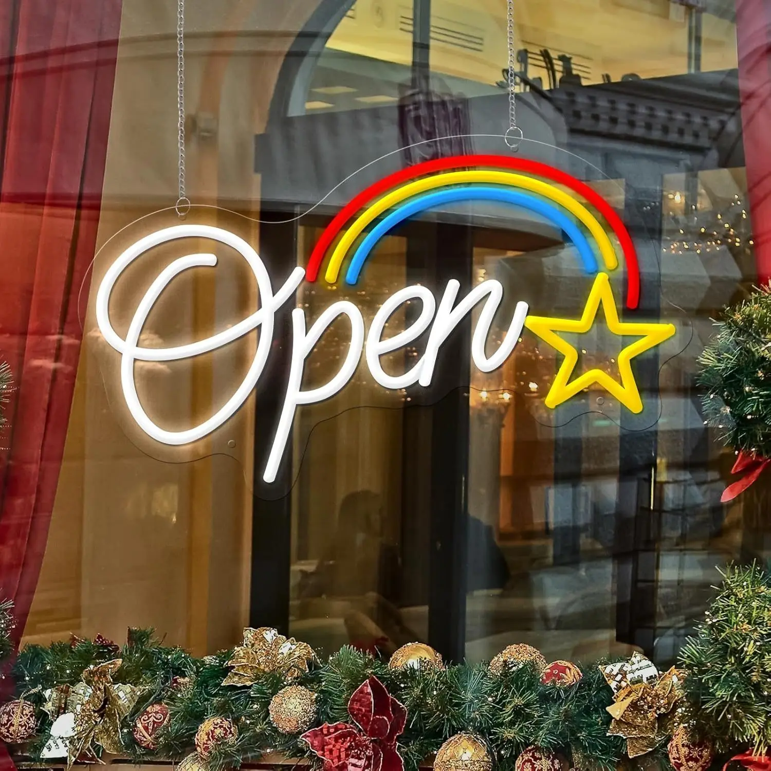 Open Neon Sign Rainbow Star LED Wall Art USB Powered Business Storefront Window Decor Welcome Sign For Shop Owner Gift