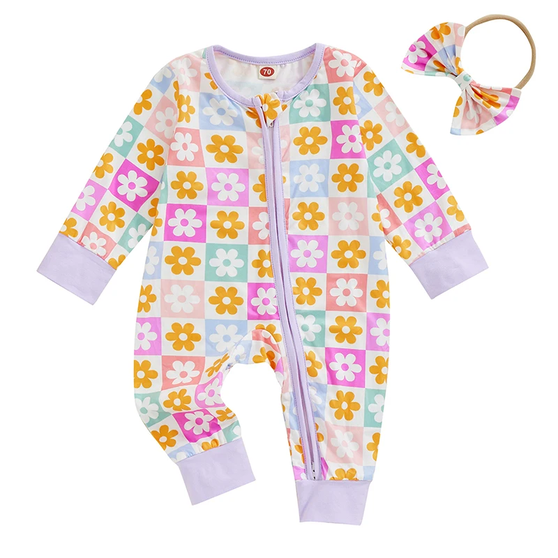 Mameluco con cremallera para niñas, monos de manga larga con estampado floral y lindo conjunto de diadema para niños pequeños, trajes de 2 piezas