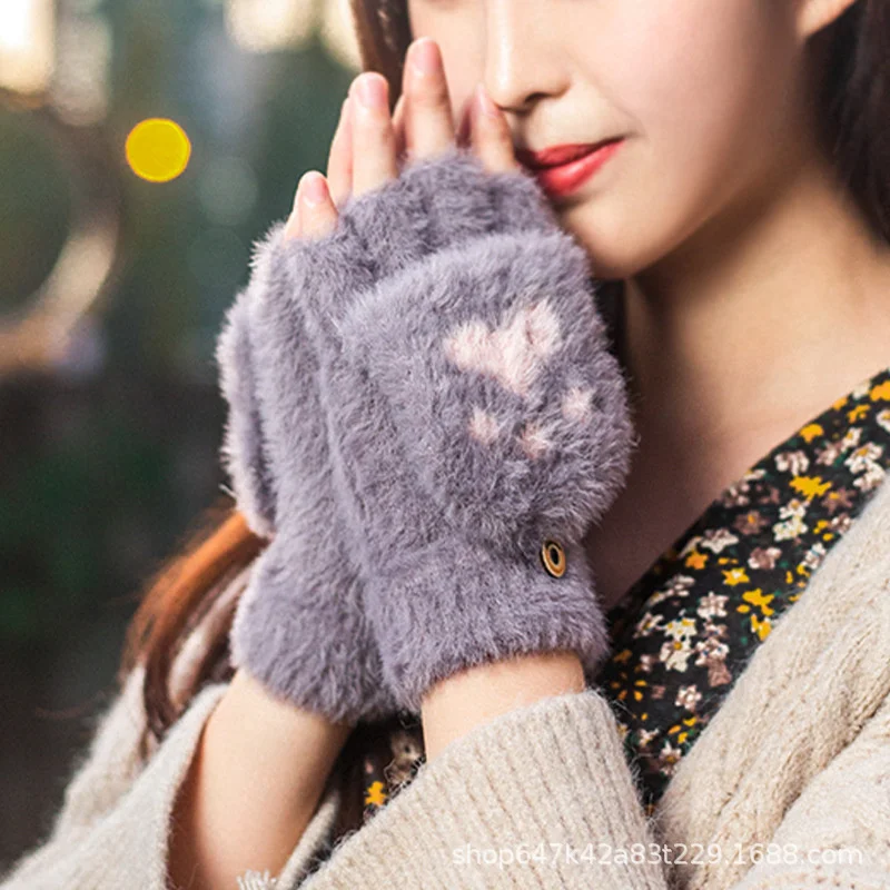 New Kawaii Women Warm Cat Gloves Fashion Girls Cat Claw Paw Plush Mittens Soft Plush Short Fingerless Half Finger Winter Gloves