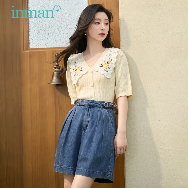 

INMAN Women Knitwear 2023 Summer Puff Short Sleeve Flower Embroidered Lapel Slim T-shirt French Pastoral Style Yellow Tops