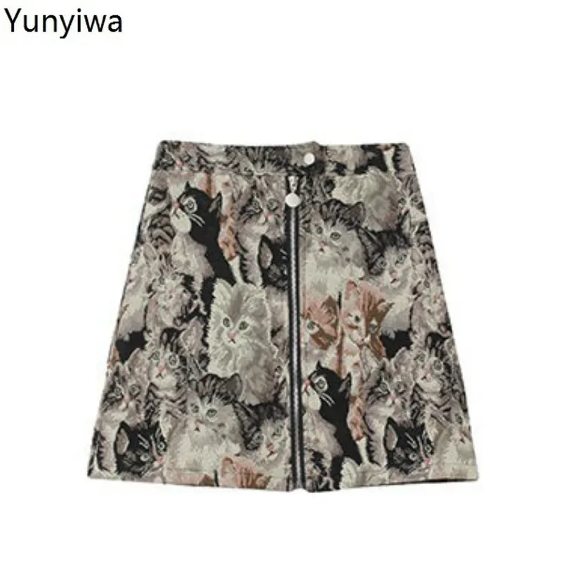 Fashion High Waist Hip A Line Skirt Retro Cat Embroidery Print Jupe Femme Autumn Spring Outwear Zipper Faldas Mujer 48683