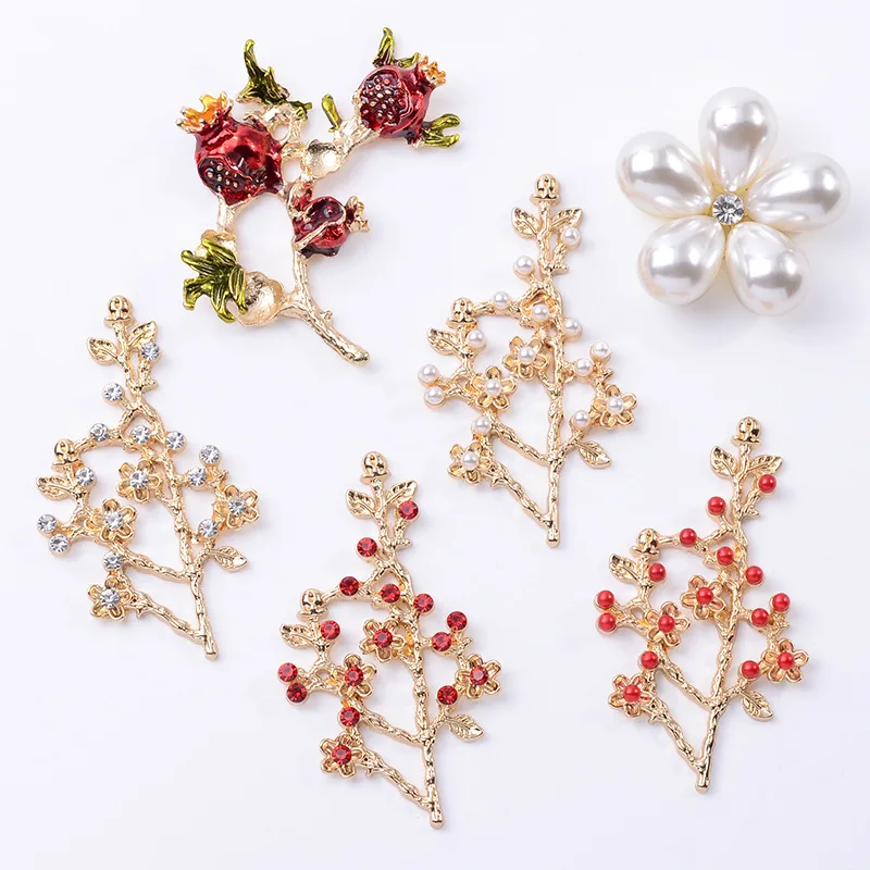 

Alloy accessories DIY hair accessories clothing materials red pomegranate flower branches leaves freshwater pearl flower accesso