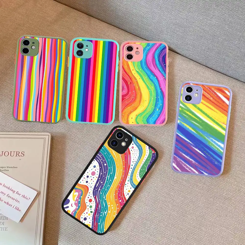 

Colorful Rainbow Stripe Phone Case For IPhone 14 11 12 13 Mini Pro Max 8 7 Plus X XR XS MAX Translucent Matte Cover