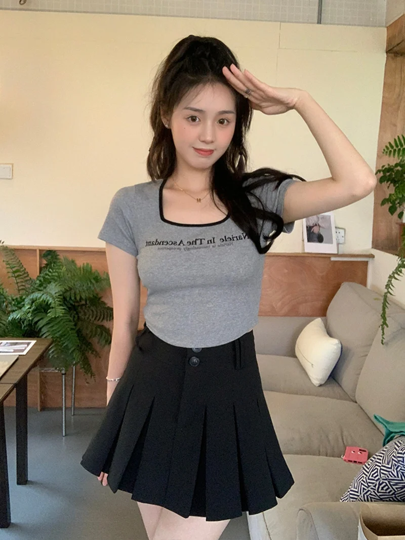 plus Size U-Neck Short Sleeve T-Shirt Women Summer Slimming Cover Belly Waterdrop Neckline Korean Style Commute Fashion