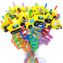 8pcs 26cm Reusable Excavator Plastic Spiral Straws Construction Vehicles Theme Kids Engineering Truck Birthday Party Supplies