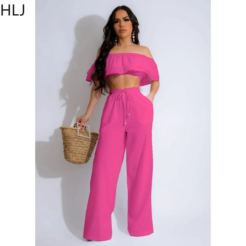 HLJ Elegant Lady Ruffle Design Wide Leg Pants Two Piece Sets Women Off Shoulder Crop Top And Pants Outfits Fashion OL Clothing