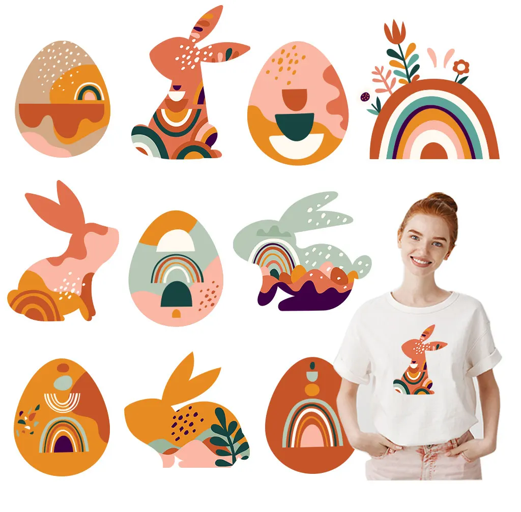 

Art Terracotta Boho Easter Concept Patches Iron On Transfers Heart For Bag Stickers Bunnies Eggs Diy Ironing Decals Appliques