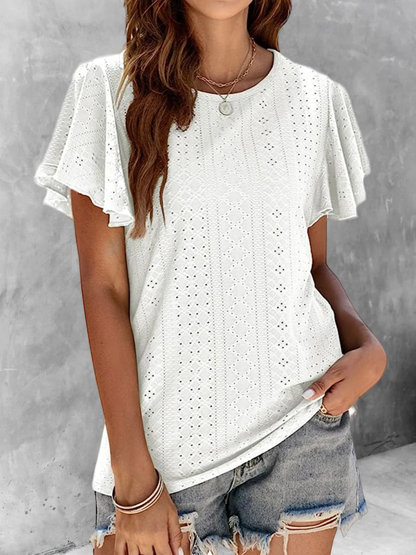 Women Summer Casual White Color Blouses Shirts Basic O Neck Short Sleeve Knitted Tops Ladies Elegant Hollow Out Blouse