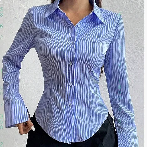 

Long Sleeve Striped Blouse Top Women Fashion Turn Down Collar Irregular Single Breasted Design Casual Shirt Tee