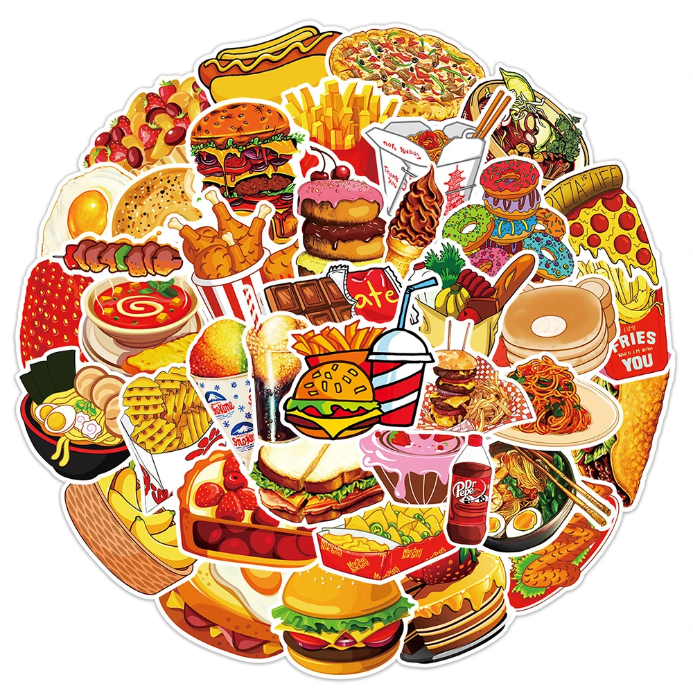 10/30/50pcs Delicious Food Cartoon Stickers French Fries Hamburgers Cake Sticker Notebook Scrapbook Phone Graffiti Decals Decor