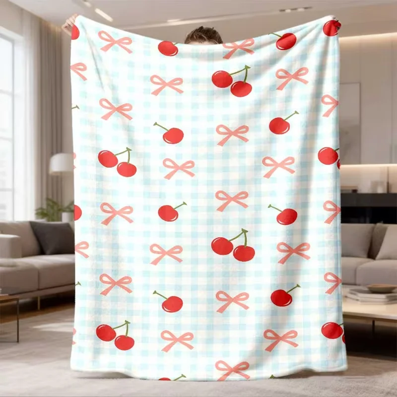 Soft Pink Gingham Strawberry Bow Print Blanket Warm Bed Sofa Couch Cover Cozy Plush Blankie for Bedroom Dorm Camping