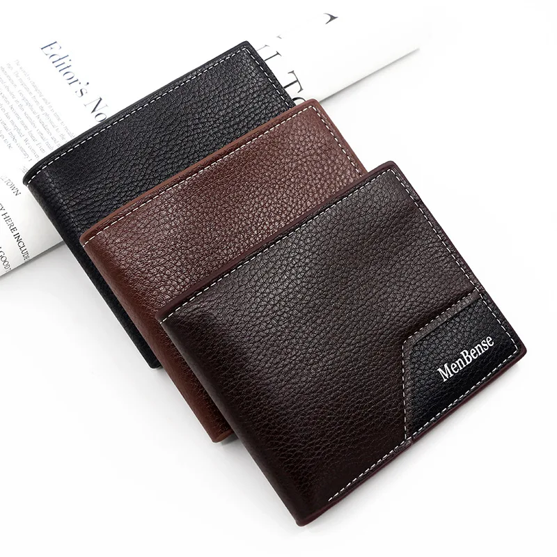 Korean Style Men's Short Wallet PU leather 2 fold Litchi Pattern Splice Zero Wallet Large Capacity Multi-card Handbag Coin Bag