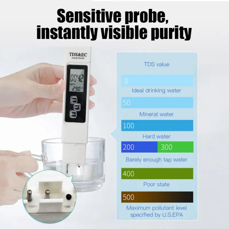 Digital Water Quality Tester TDS EC Meter Range 0-9990 Multifunctional Water Purity Temperature Meter TEMP PPM Tester