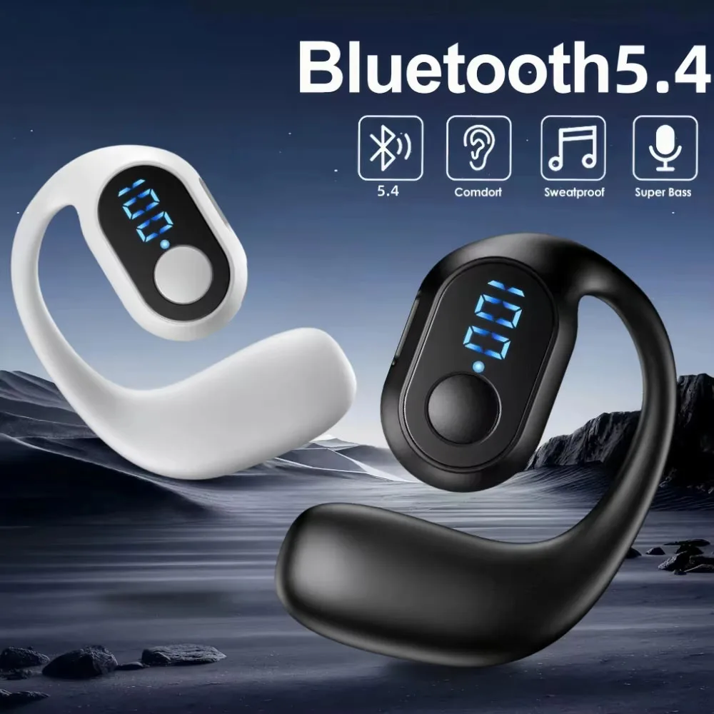 

Lightweight Wireless Earphone Bluetooth 5.3 Bone Conduction Headphone Ear Hook LED Display HD Calling Mic Surround Sound Earbud