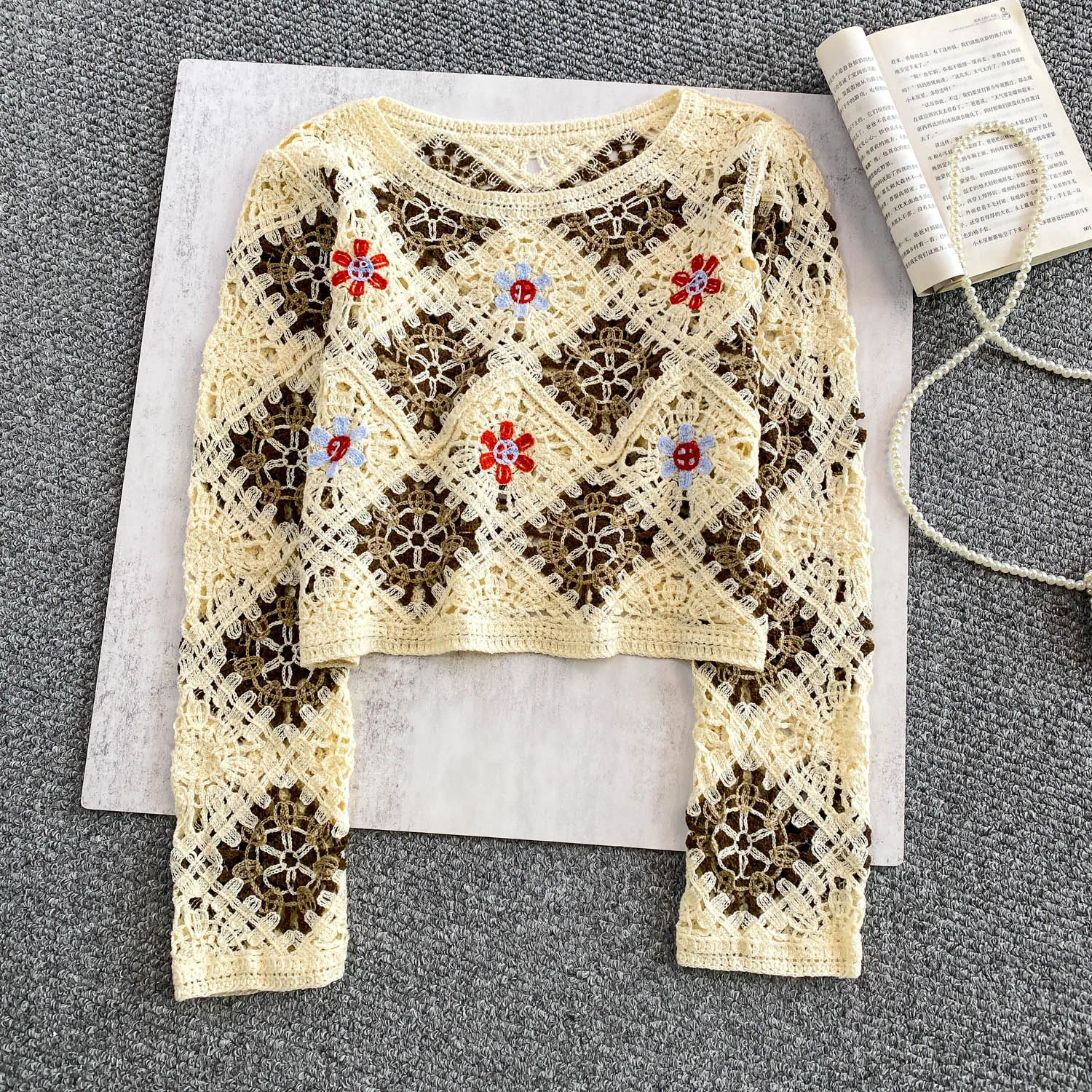 Vintage Elegant O-Neck floral Knit long sleeve Blouse Fashion Shirt  Casual Top Fairy Women Shirt