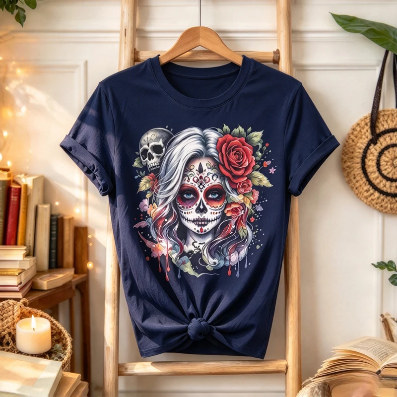 Mexican Day of The Dead Sugar Skull Woman Graphic T Shirt Red Rose Skull Art Print Casual Short Sleeve Gift for Gothic Lovers