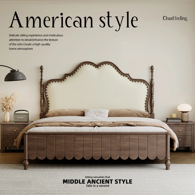 

French Soft Double Bed Modern Walnut New American White Wooden Adults Bedroom Beds King Size Hotel Cama De Casal Home Furniture