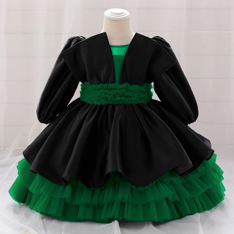 Formal Long Sleeve 1st Birthday Dress For Baby Girl Clothes Baptism Balck Green Princess Dress Girls Dresses Party Ceremony Gown