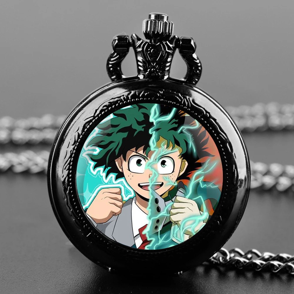 Midoriya Izuku Design Glass Dome Quartz Pocket Watch With Durable Chain Arabic Numeral Dial For Men And Women Creative Gifts