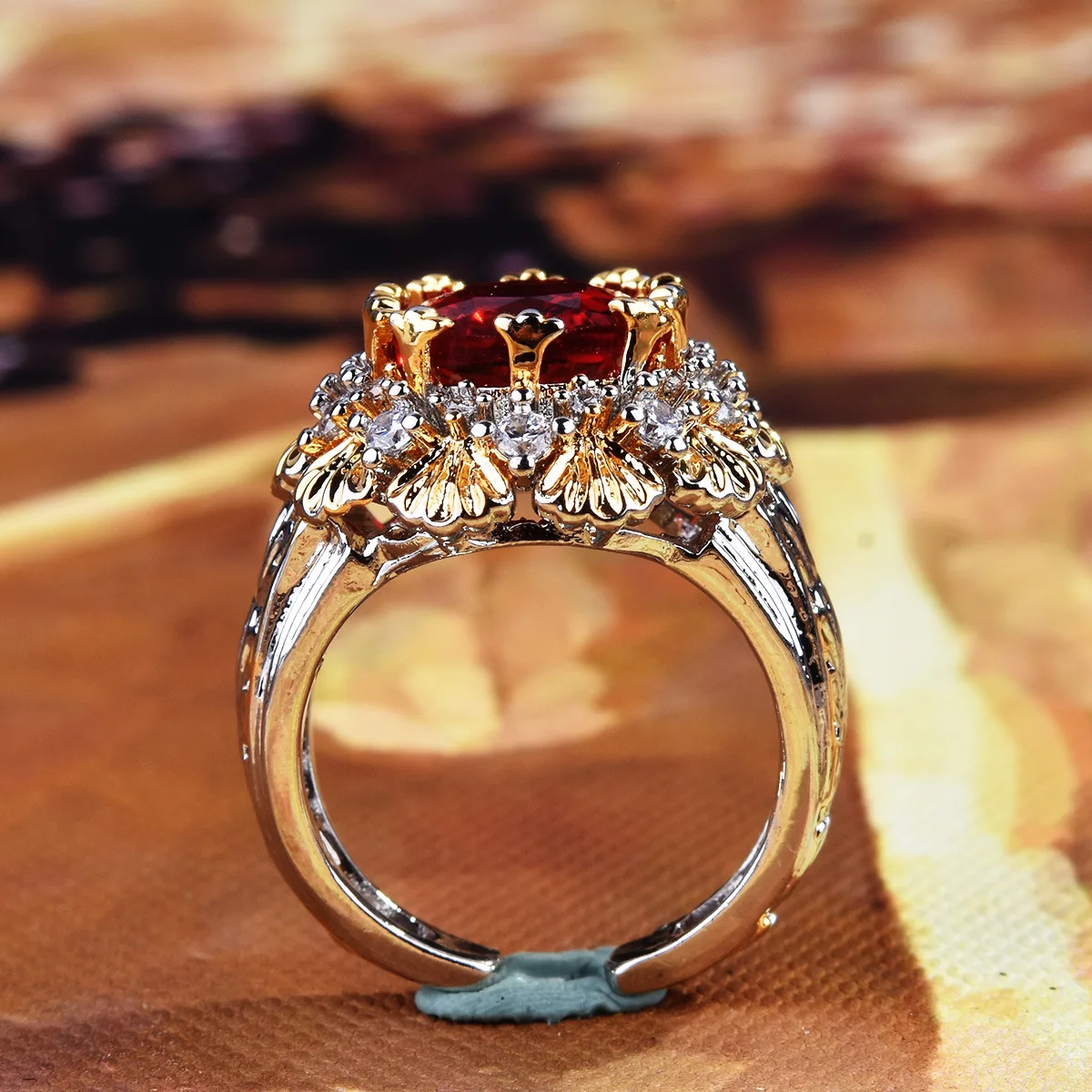 S925 silver retro brushed weave engraved gold craft rupee ruby ring medium antique two-color gold crown ring
