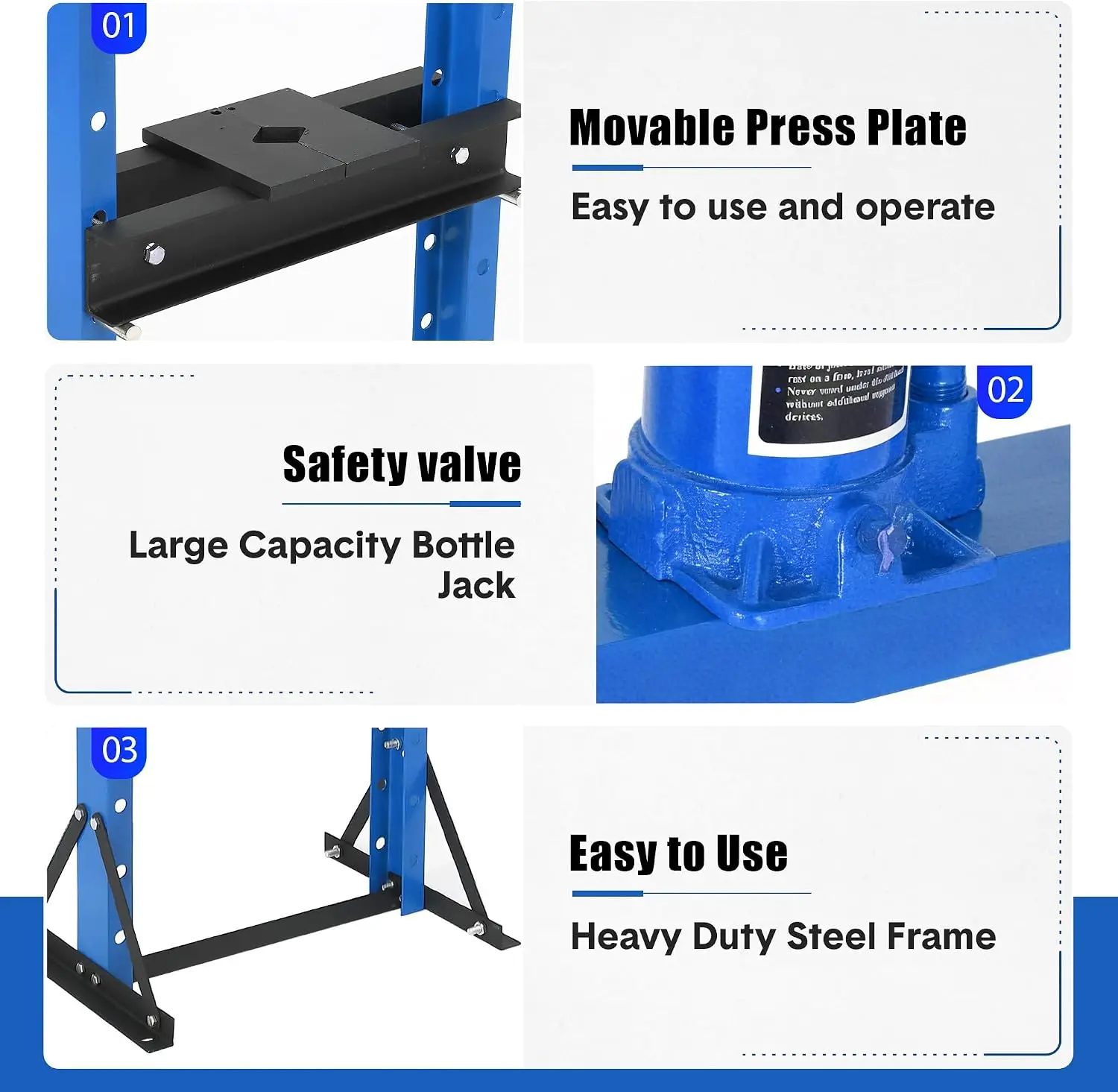 Tacleekii 6T Hydraulic Press H-Frame Hydraulic Shop Press with 2 Press Plates, Heavy Duty Garage Hydraulic Shop Press with Adjustable Work Table Height for For Metal Bending, Straightening, Blue