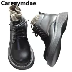 Careaymdae-Sen damskie szerokie głowy okrągłe krótkie buty wodoodporne ciepła wełna usta sztuka damskie buty Retro brzydkie śliczne buty kobiet