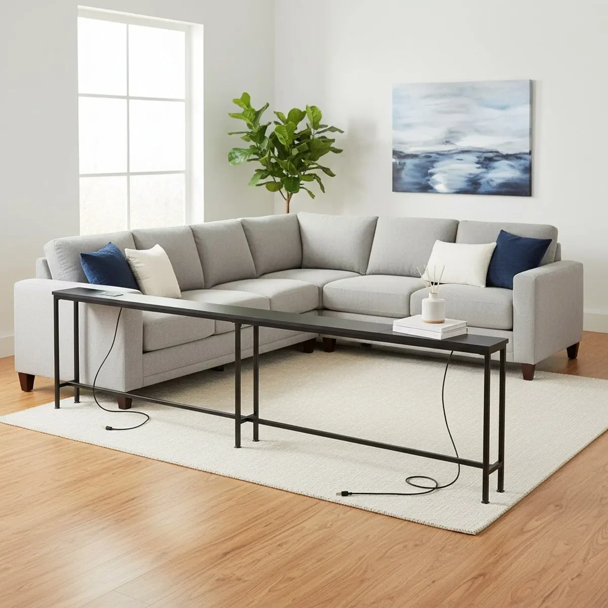 Extra Long Narrow Sofa Table 110in 2 Outlets USB-C Skinny Console for Living Room Grey
