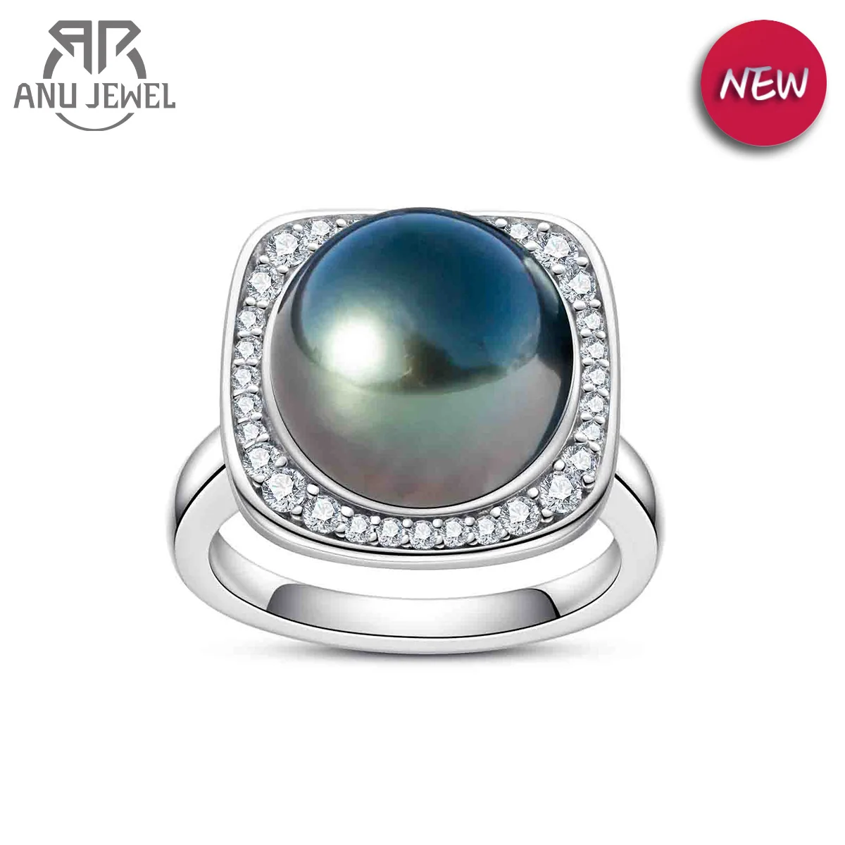 AnuJewel 12-13mm Natural Tahitian Black Pearl 1.8mm Moissanite Diamond Engagement rings 925 Sliver Fine Jewelry Gifts Wholesale