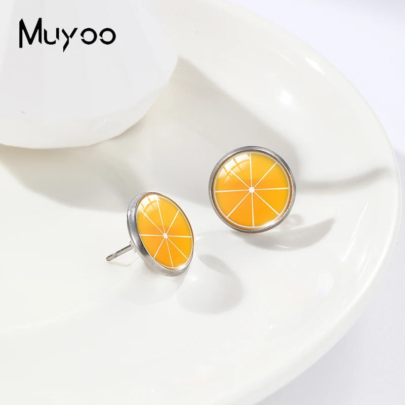 2023 New Arrival Fashion Colorful Fruit Orange Apples Slice Glass Round Dome Stud Earrings Jewelry Handmade Earrings