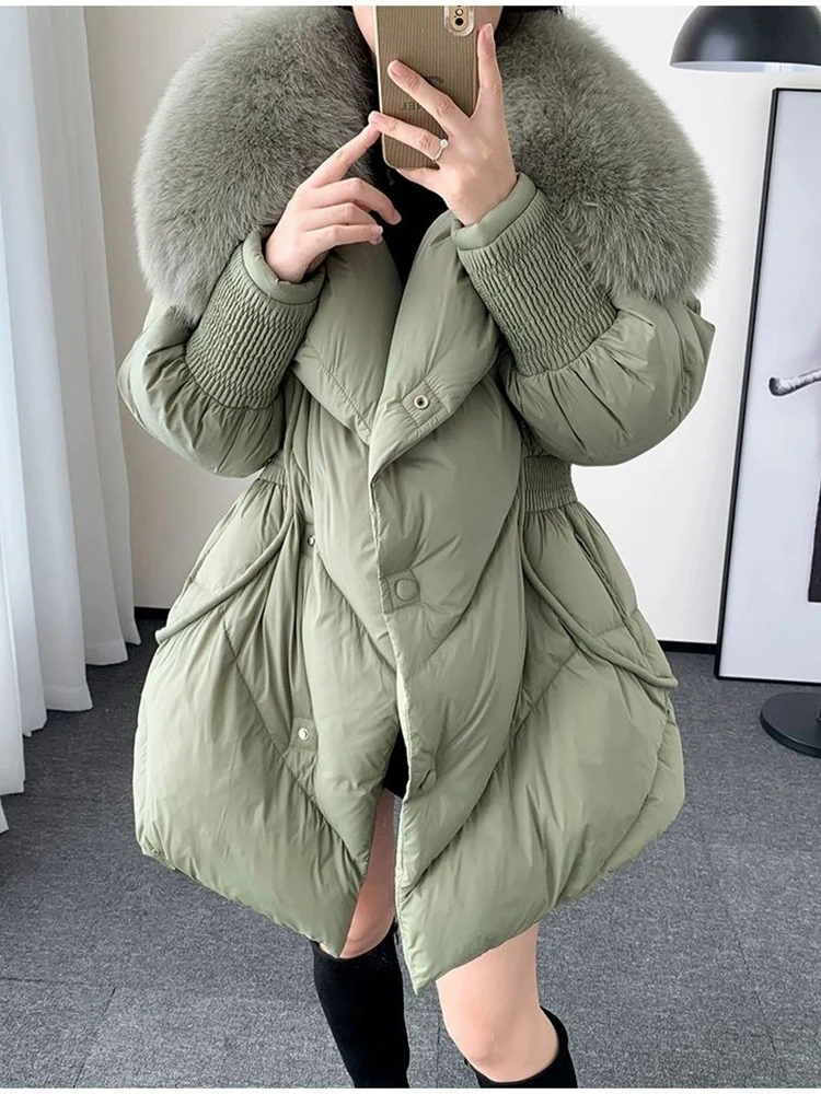 Winter 2024 New Big Fur Collar White Duck Down Puffer Jacket Medium Length Coat for Women Warm Thicken Loose Parka