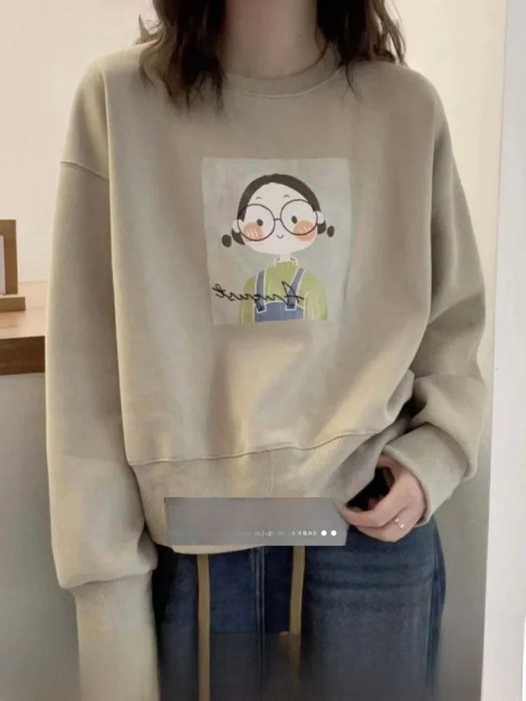 

Thiened Fce Long Sve круглый Ne свитшот повседневный женский зимний топ в европейском стиле удобный свободный крой с принтом