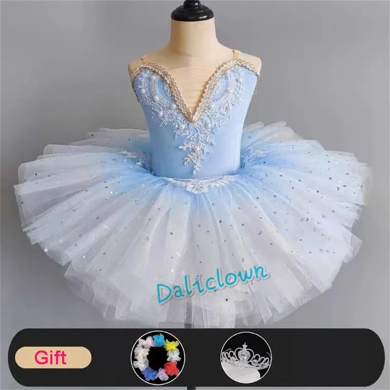 

qq45Pink Blue Professional Girls Swan Lake Ballerina Pancake Tutu Princess Party Ballet Dress Kids Dance Costume Tut