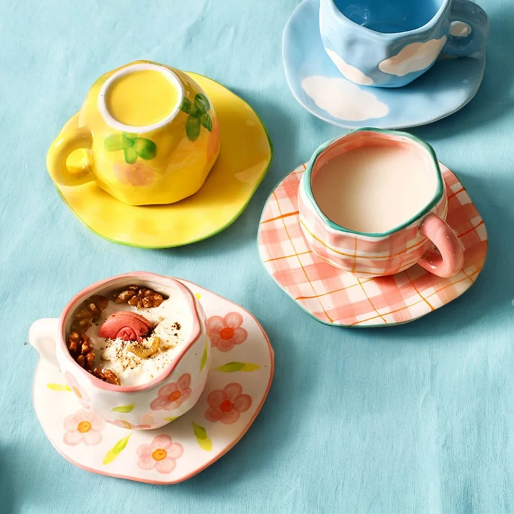 Stunningly beautiful hand-painted ceramic flower coffee mugs, the essential microwave safe cup with matching plate, an exquisite