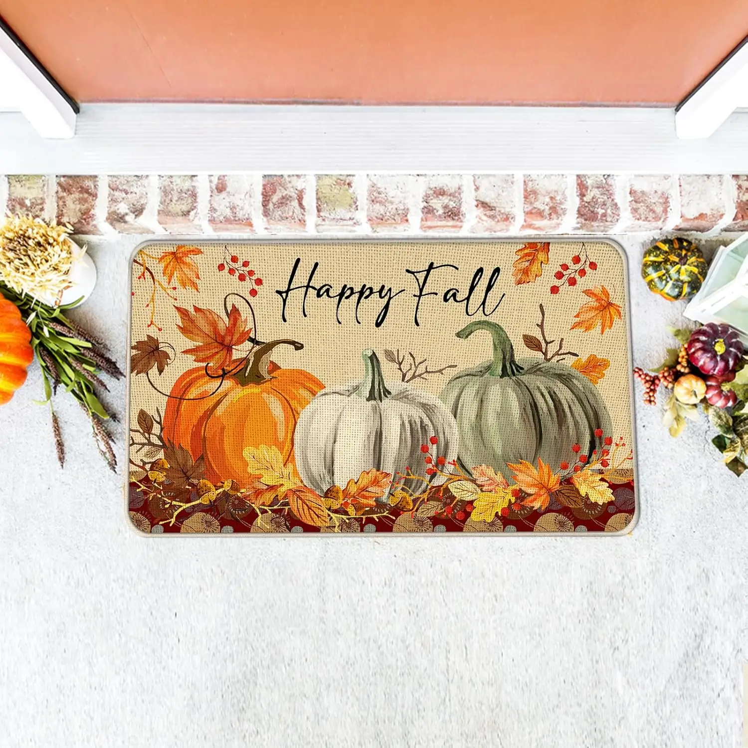 Fall Pumpkin Kitchen Mats Autumn Maple Leaf Entrance Welcome Doormat Living Room Balcony Hallway Laundry Room Non-slip Rug Decor